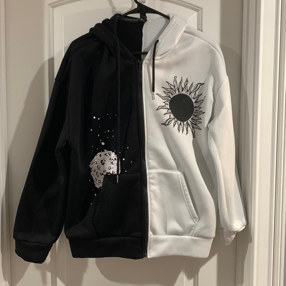 Two Toned Black and White Zip-Up Hoodie, Night and Day Design, Shein
